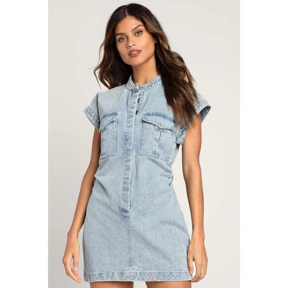 Lulus On this Sweet Day Light Wash Denim Button-Front Mini Dress - Picture 1 of 13